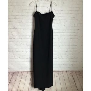 Tahari Womans Long Black Strappy Maxi Dress Fur Trim Size 8P Mermaid Flare